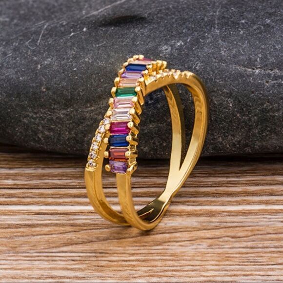 Rainbow Crossover Band Crystal Baguette Eternity Ring NWT - Picture 2 of 6